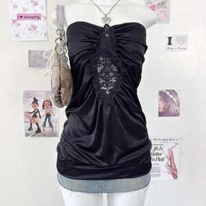 Charlotte Russe Y2K Black Satin Ruched Tube Top Lace Inlay